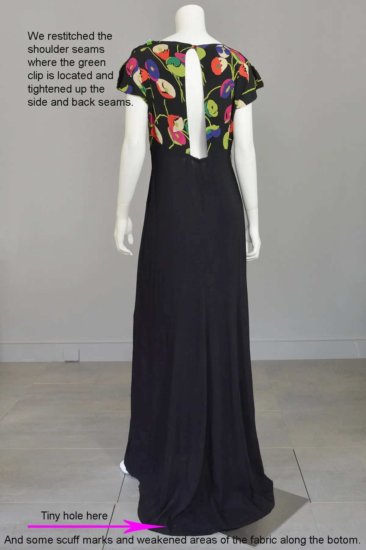 1930s Rayon Crepe Poppy Print Open Keyhole Plunge Back Gown and Matching Kimono Jacket