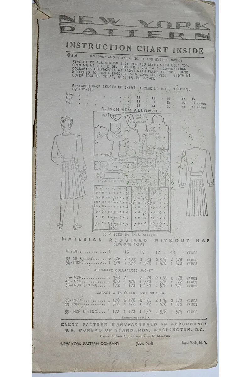 1940s New York 944 Sewing Pattern for a Jacket and Skirt