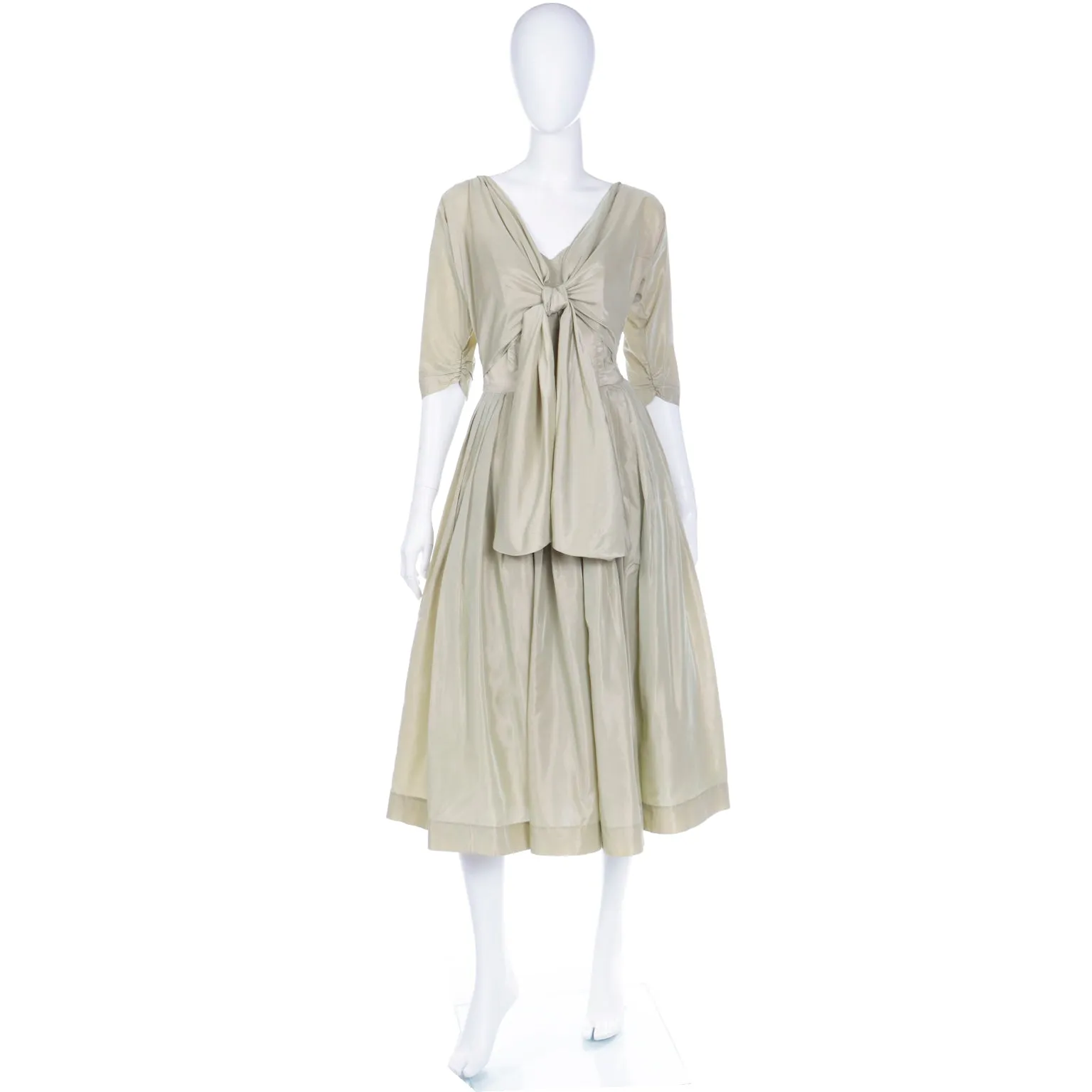 1950s Sage Green Iridescent Taffeta Vintage Dress w Attached Bolero Jacket