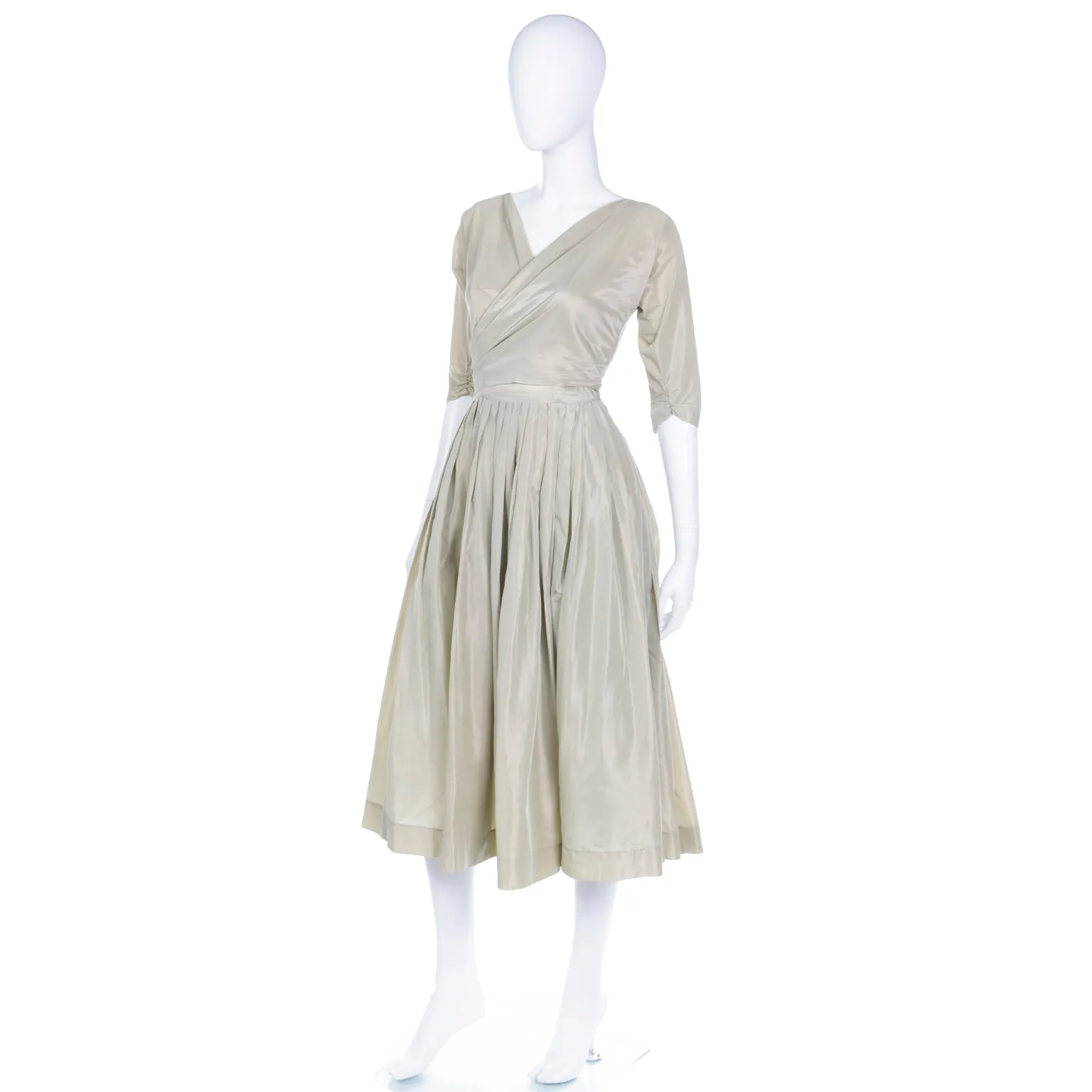 1950s Sage Green Iridescent Taffeta Vintage Dress w Attached Bolero Jacket