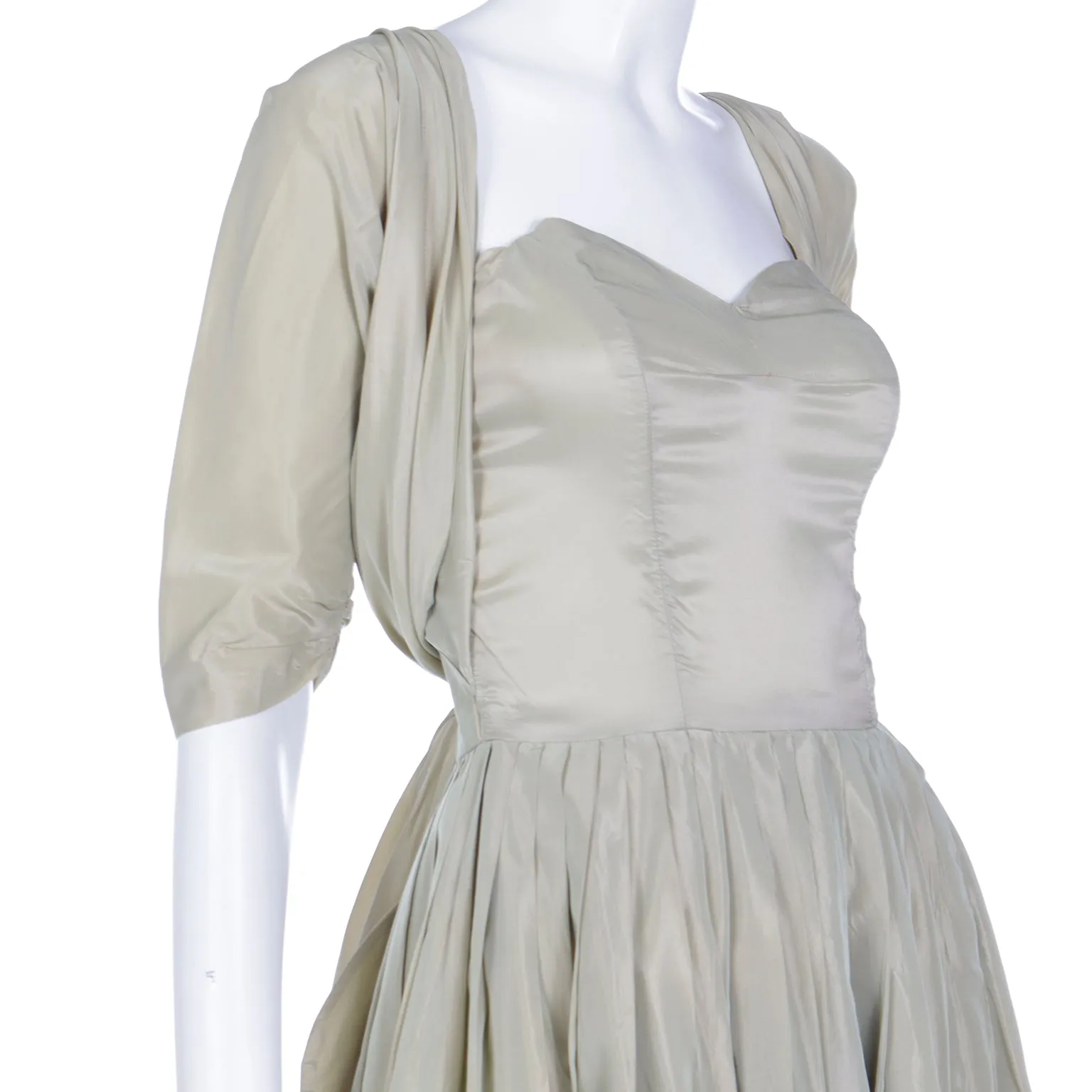 1950s Sage Green Iridescent Taffeta Vintage Dress w Attached Bolero Jacket