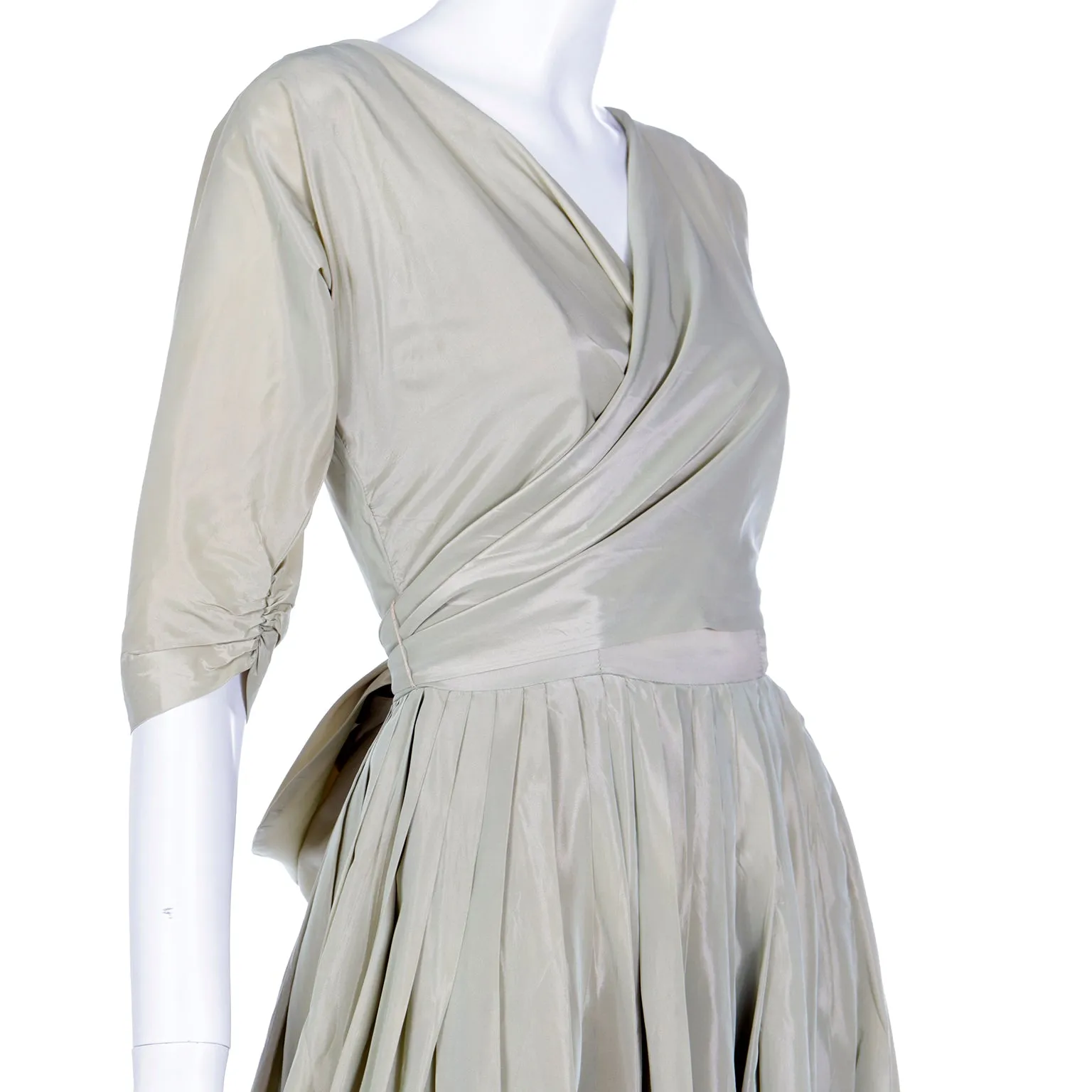 1950s Sage Green Iridescent Taffeta Vintage Dress w Attached Bolero Jacket