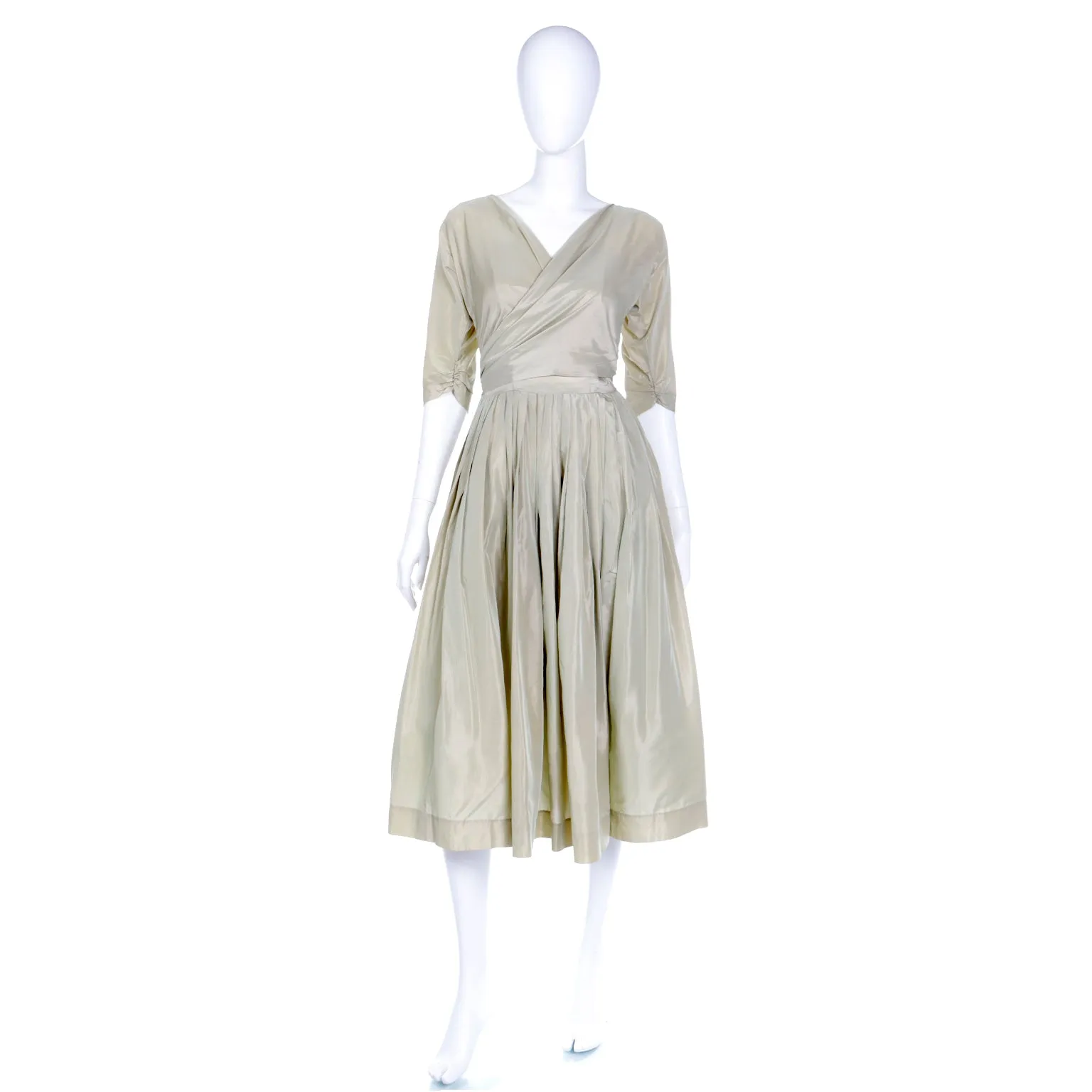 1950s Sage Green Iridescent Taffeta Vintage Dress w Attached Bolero Jacket