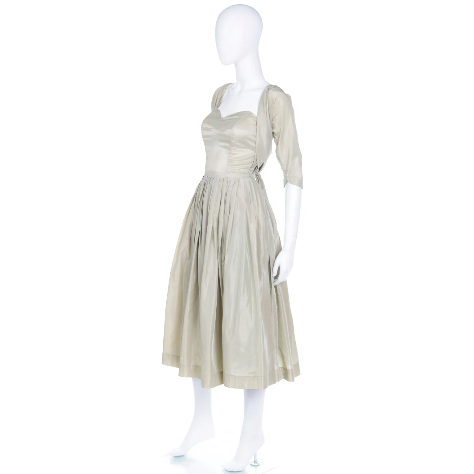 1950s Sage Green Iridescent Taffeta Vintage Dress w Attached Bolero Jacket