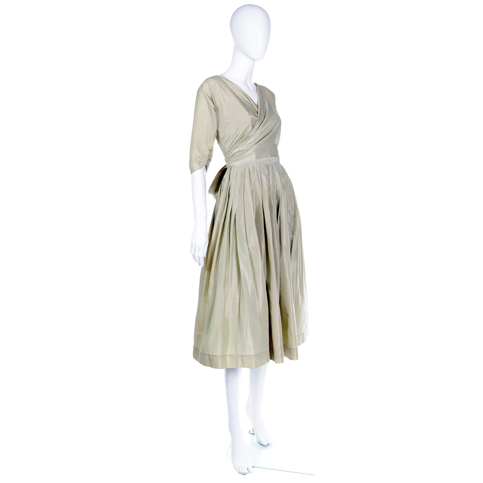 1950s Sage Green Iridescent Taffeta Vintage Dress w Attached Bolero Jacket