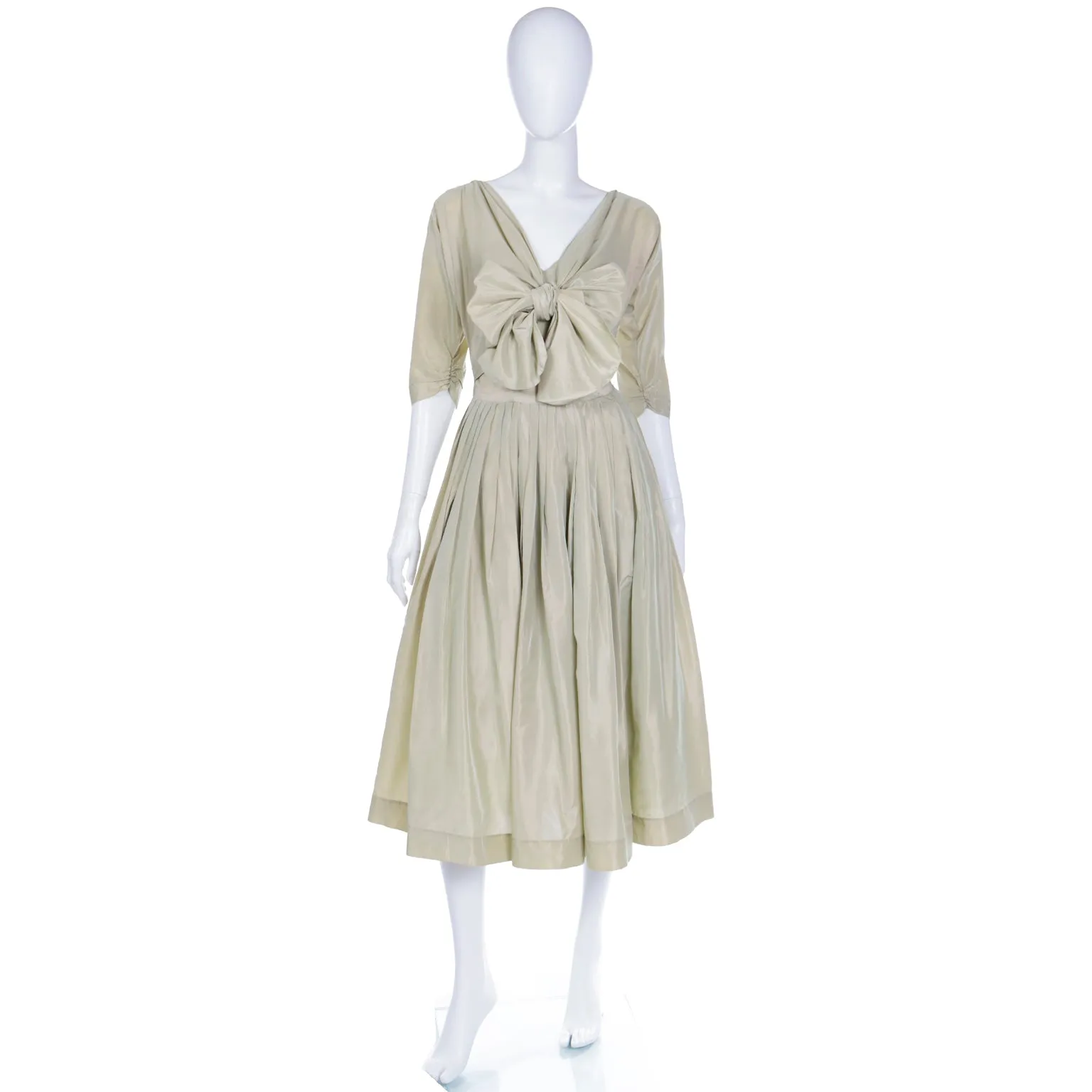 1950s Sage Green Iridescent Taffeta Vintage Dress w Attached Bolero Jacket