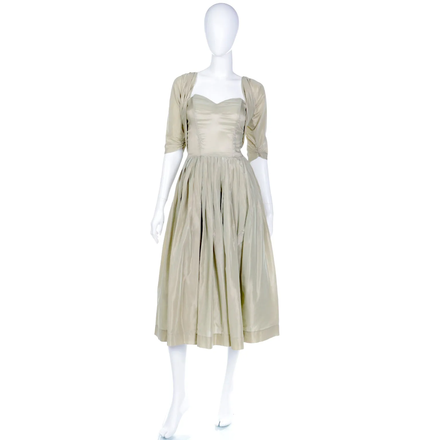 1950s Sage Green Iridescent Taffeta Vintage Dress w Attached Bolero Jacket