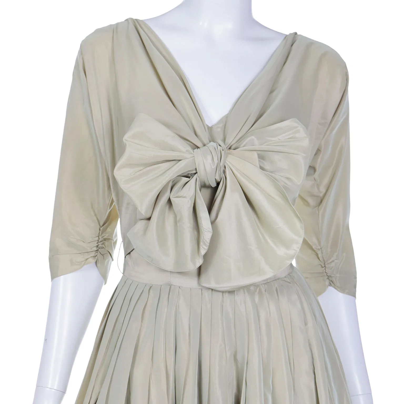 1950s Sage Green Iridescent Taffeta Vintage Dress w Attached Bolero Jacket