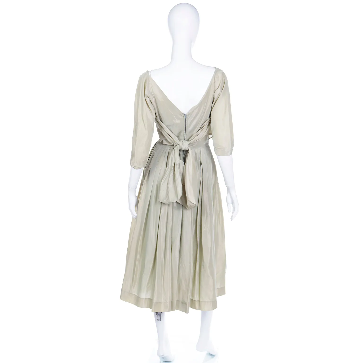 1950s Sage Green Iridescent Taffeta Vintage Dress w Attached Bolero Jacket