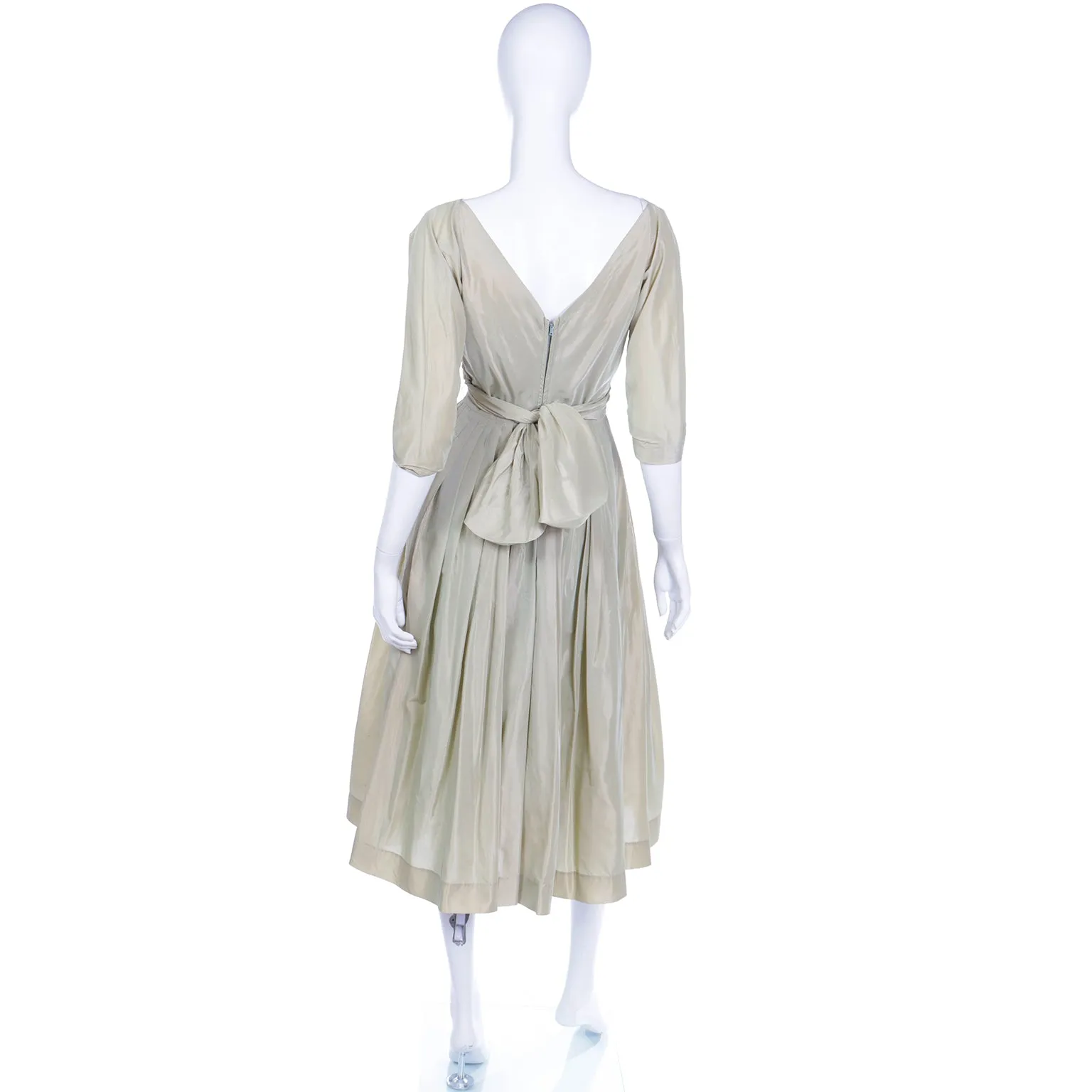 1950s Sage Green Iridescent Taffeta Vintage Dress w Attached Bolero Jacket