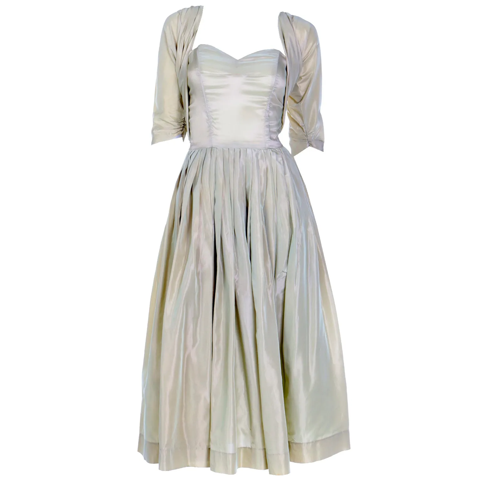 1950s Sage Green Iridescent Taffeta Vintage Dress w Attached Bolero Jacket