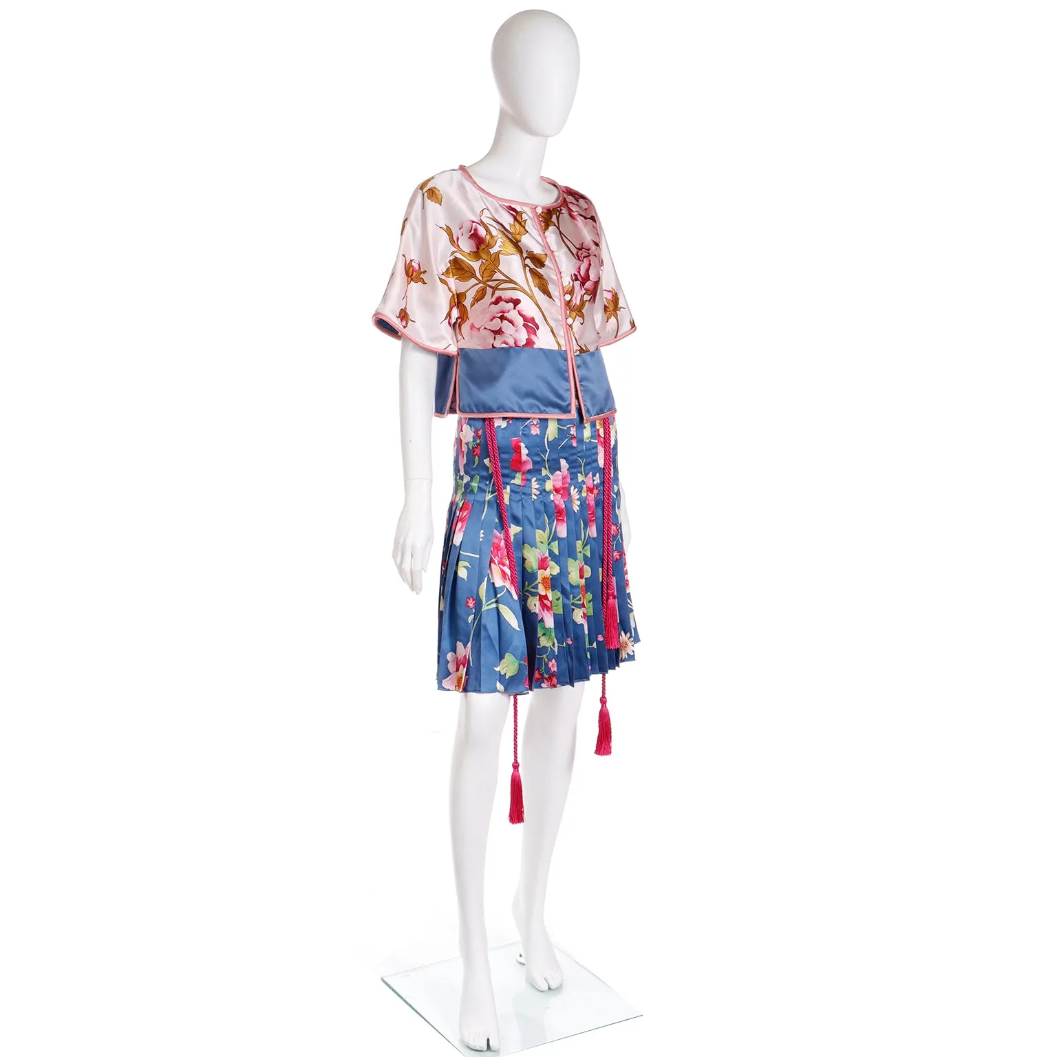 2006 Valentino Blue & Pink Floral Silk Outfit w Beaded Belt