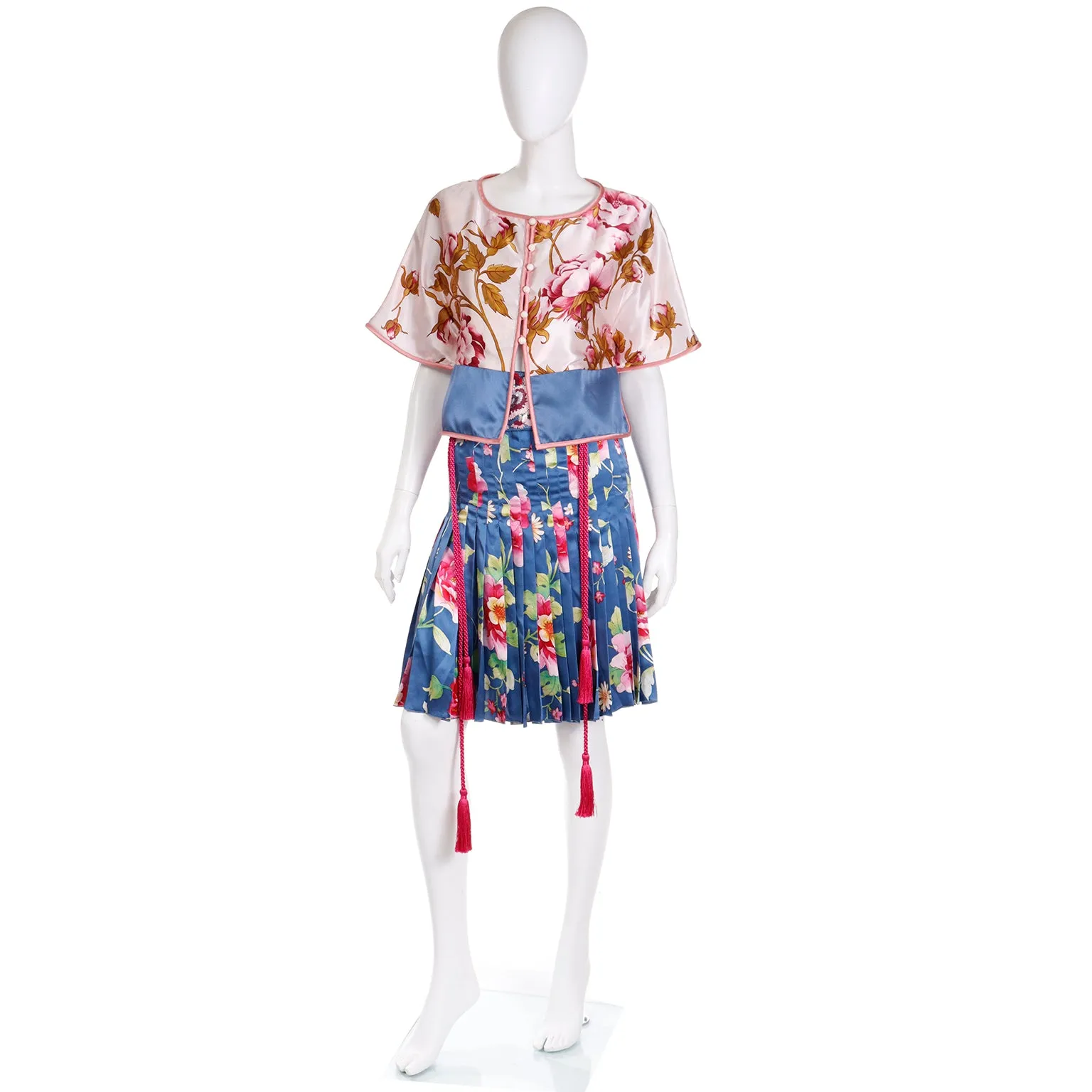 2006 Valentino Blue & Pink Floral Silk Outfit w Beaded Belt