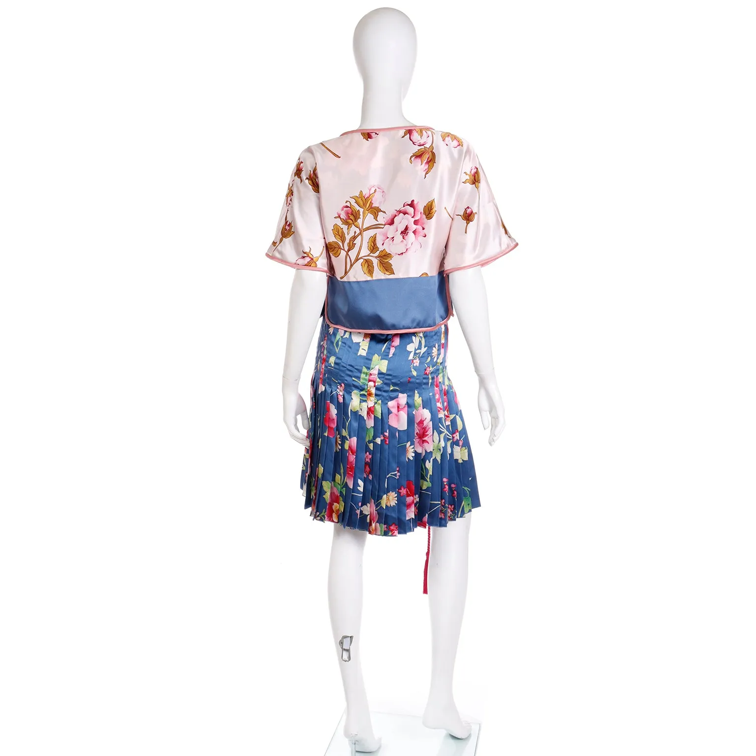 2006 Valentino Blue & Pink Floral Silk Outfit w Beaded Belt