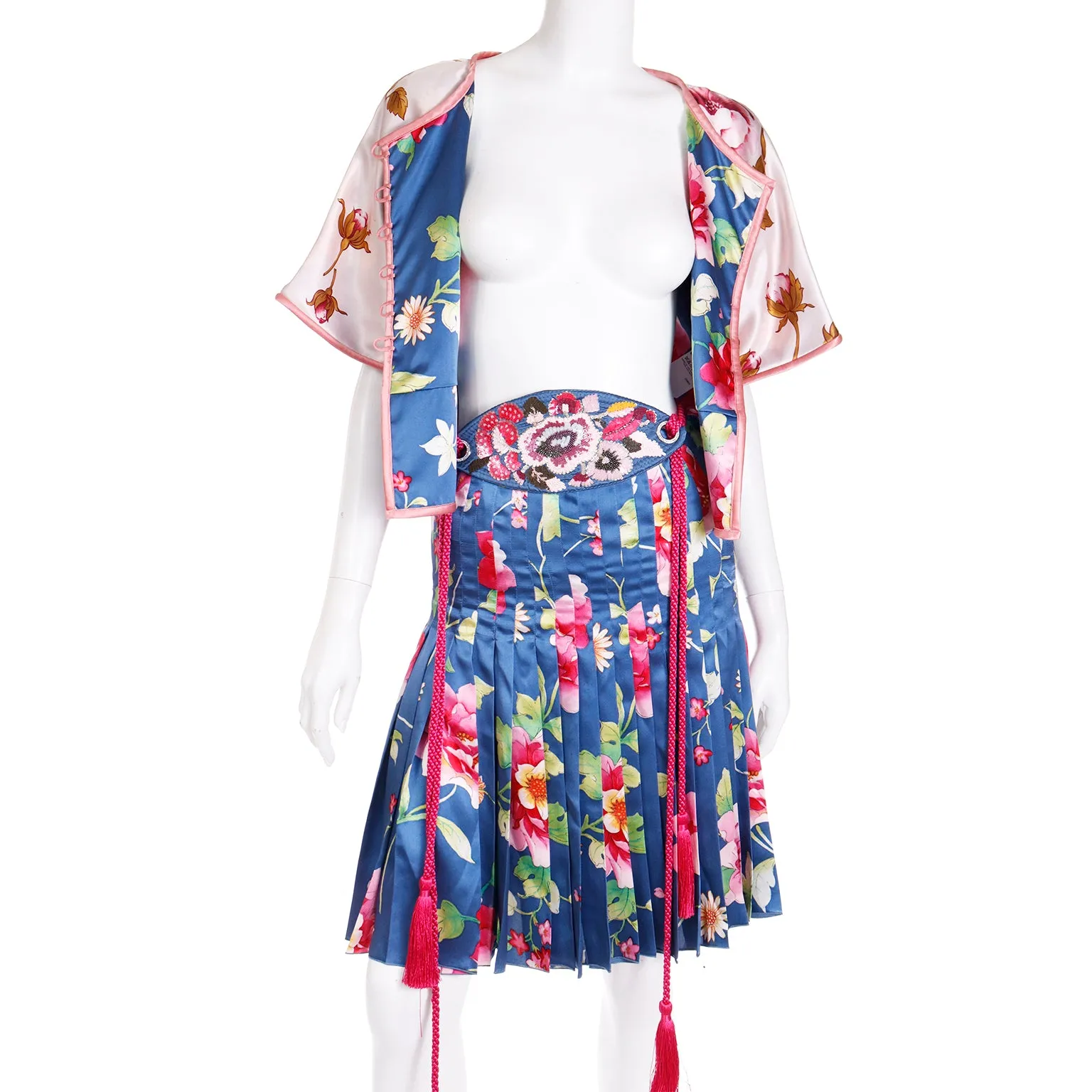 2006 Valentino Blue & Pink Floral Silk Outfit w Beaded Belt