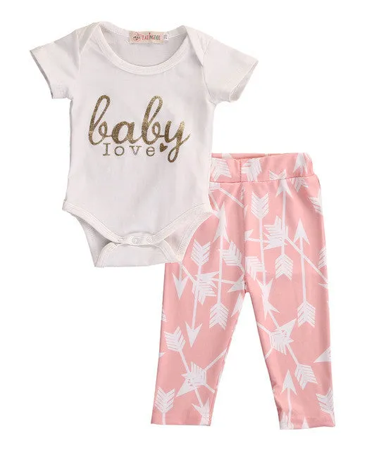 2pcs!!2016 Newborn Girls Long Sleeve Golden Letters Tops Rompers   Arrow Pink Pants Leggings Autumn Baby Outfits Set Clothes