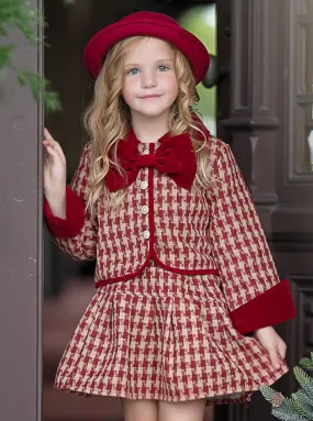 Adorable Red Velvet and Plaid Girls' Skirt and Jacket Set with Pearl Buttons