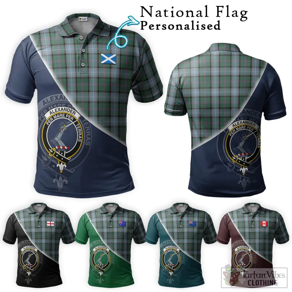 Alexander of Menstry Hunting Tartan Polo Shirt with Personalised National Flag and Family Crest Half Style