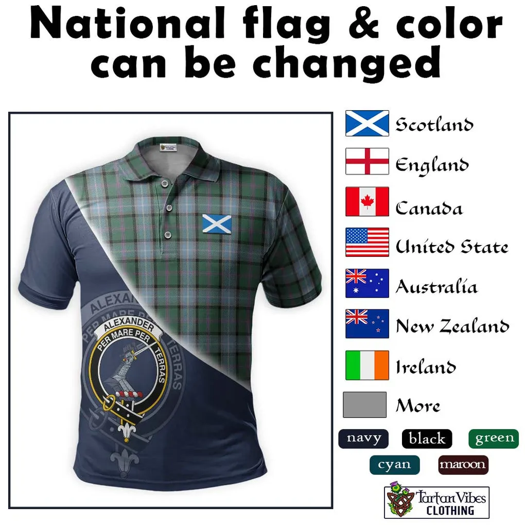 Alexander of Menstry Hunting Tartan Polo Shirt with Personalised National Flag and Family Crest Half Style