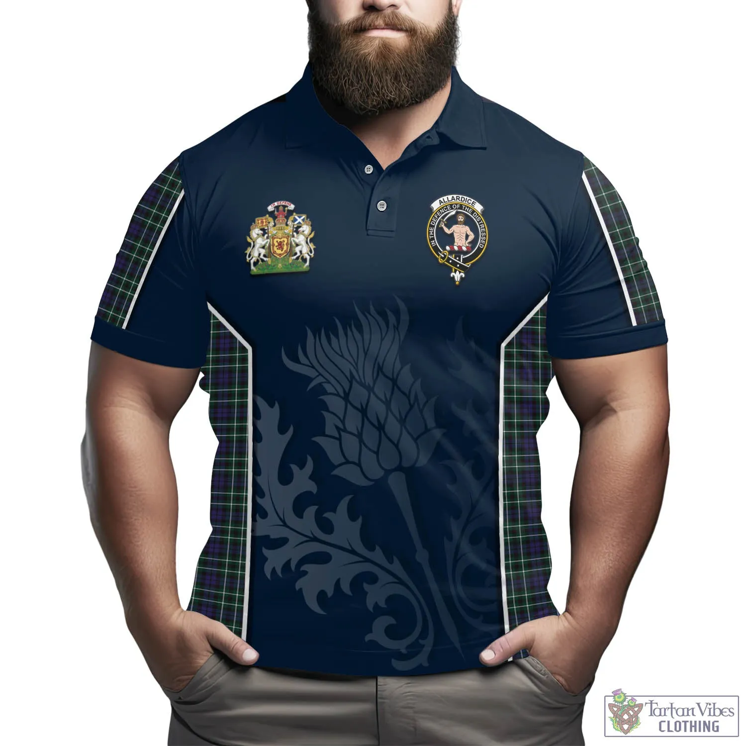 Allardice Tartan Men's Polo Shirt with Family Crest and Scottish Thistle Vibes Sport Style