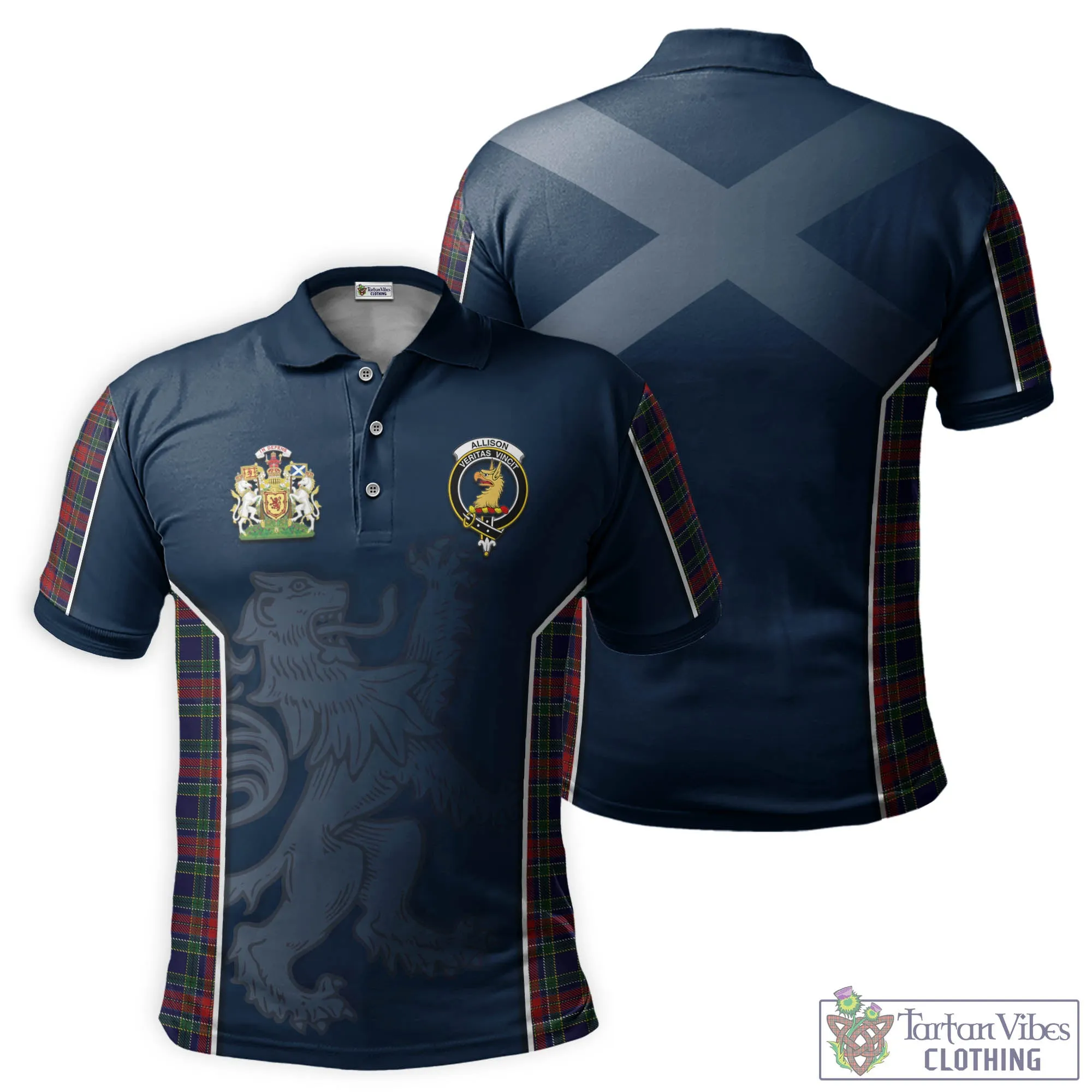 Allison Red Tartan Men's Polo Shirt with Family Crest and Lion Rampant Vibes Sport Style