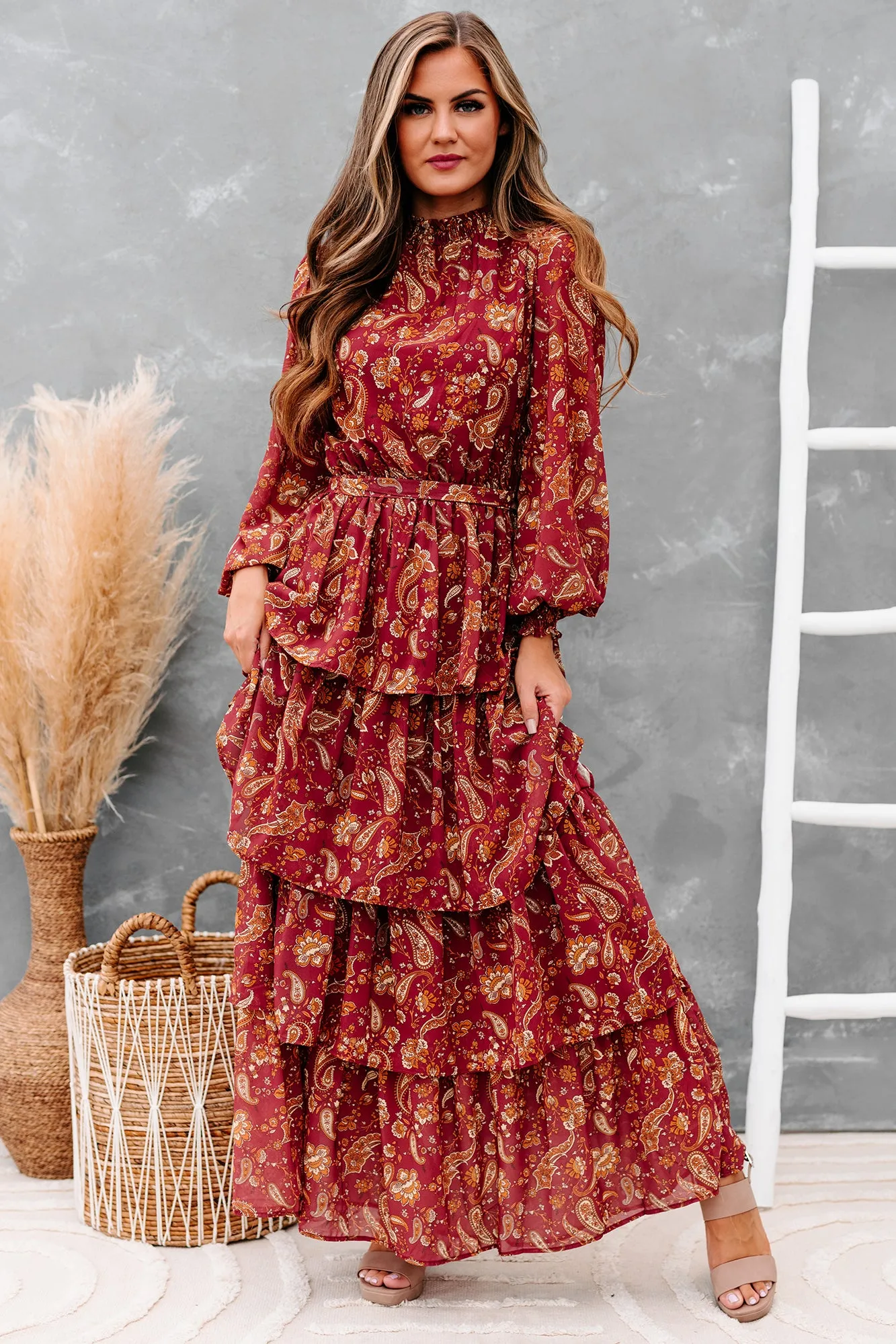 Always Memorable Tiered Printed Maxi Dress (Burgundy)