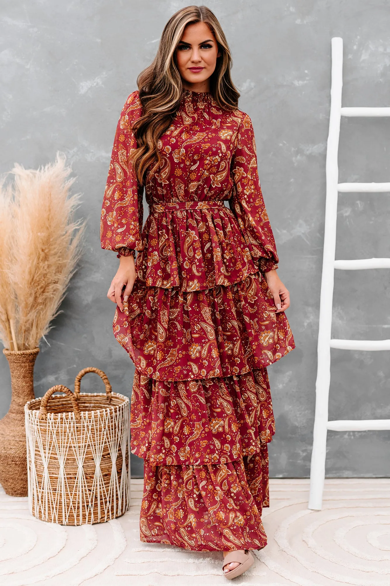 Always Memorable Tiered Printed Maxi Dress (Burgundy)