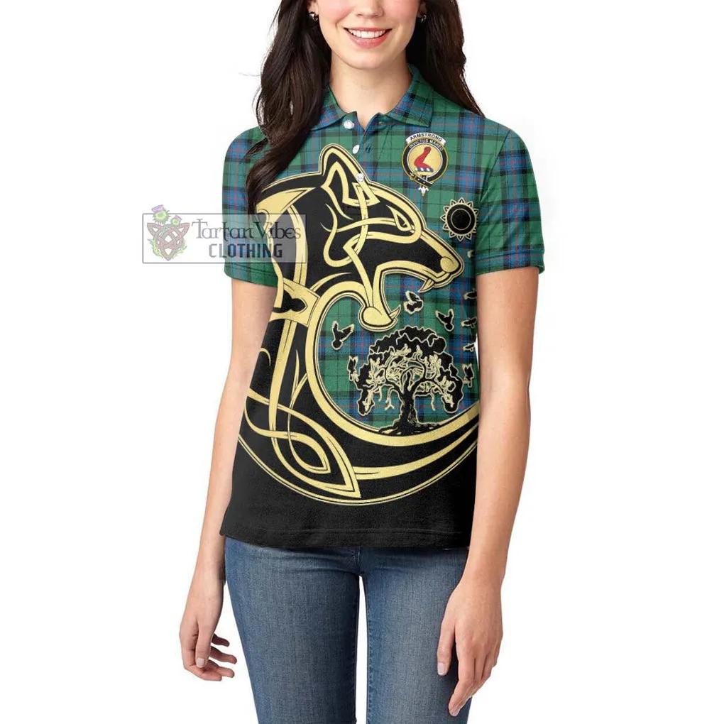 Armstrong Ancient Tartan Women's Polo Shirt with Family Crest Celtic Wolf Style