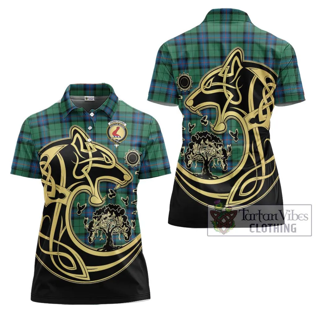 Armstrong Ancient Tartan Women's Polo Shirt with Family Crest Celtic Wolf Style