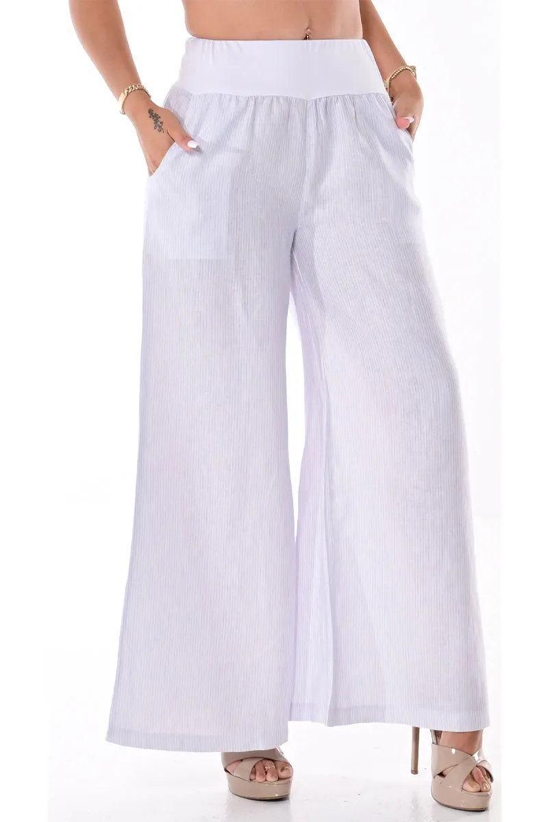 Azucar Ladies Extra Wide Leg 100% Linen Pants w/Pockets Elastic Waist Band and Stripes in (2) Colors-LLWP113S