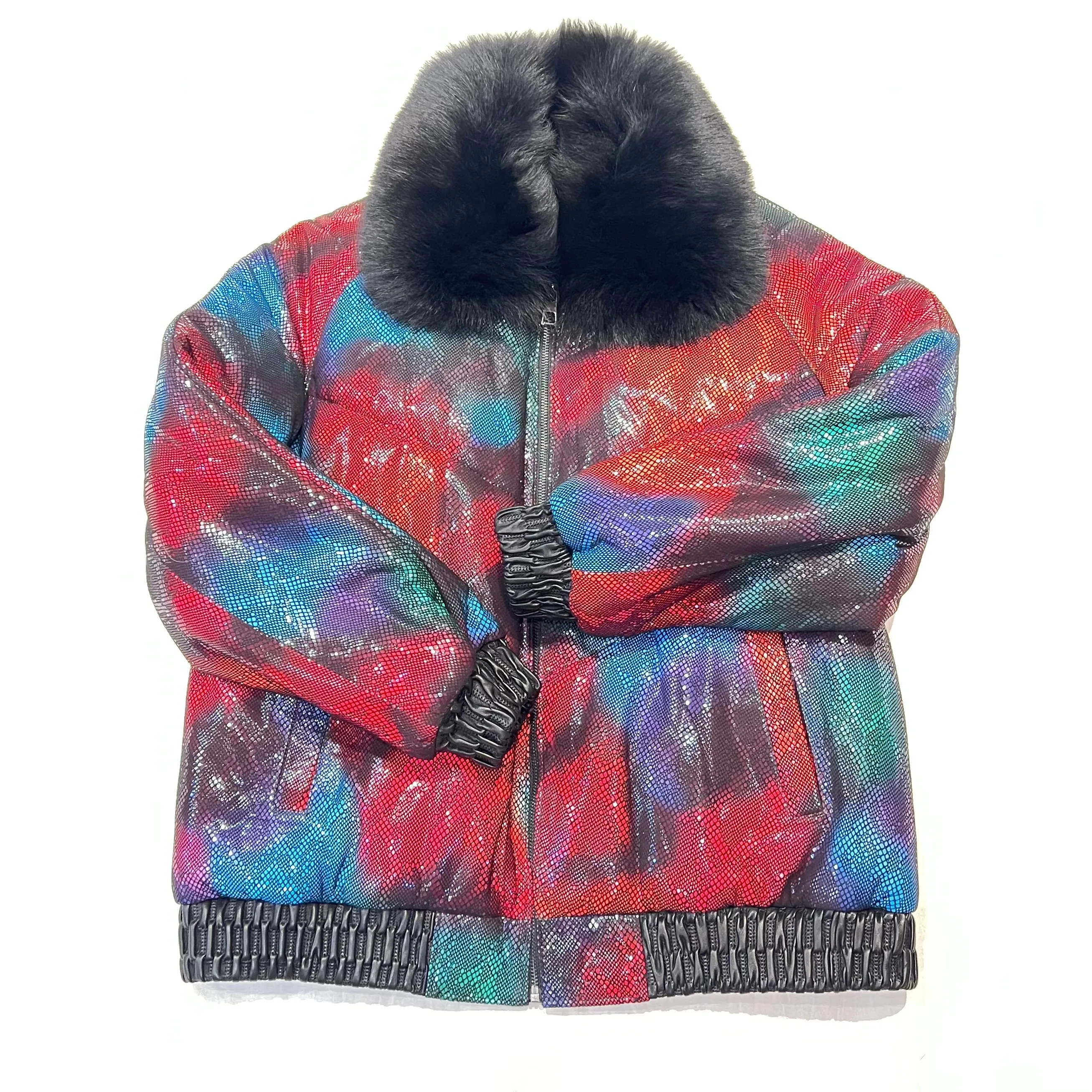 Barya NewYork Multi-Color Quilted Fox Collar Bomber Jacket