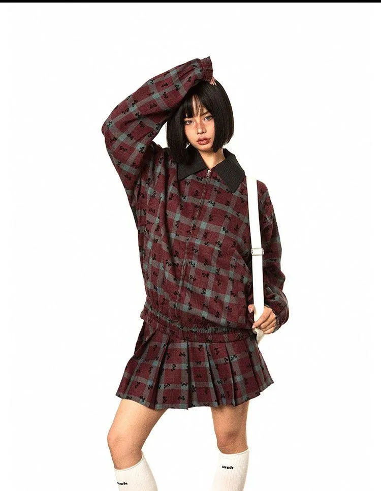 BB Ribbon Bow Pattern Plaid Jacket & Pleated Skirt Set