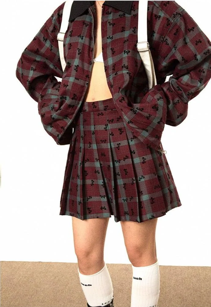 BB Ribbon Bow Pattern Plaid Jacket & Pleated Skirt Set