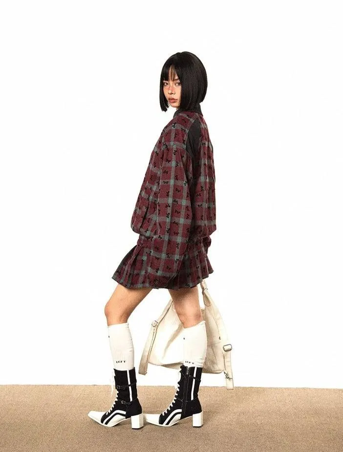 BB Ribbon Bow Pattern Plaid Jacket & Pleated Skirt Set