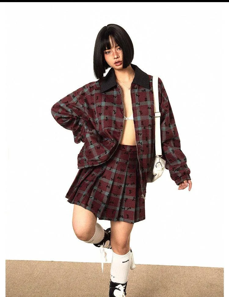 BB Ribbon Bow Pattern Plaid Jacket & Pleated Skirt Set