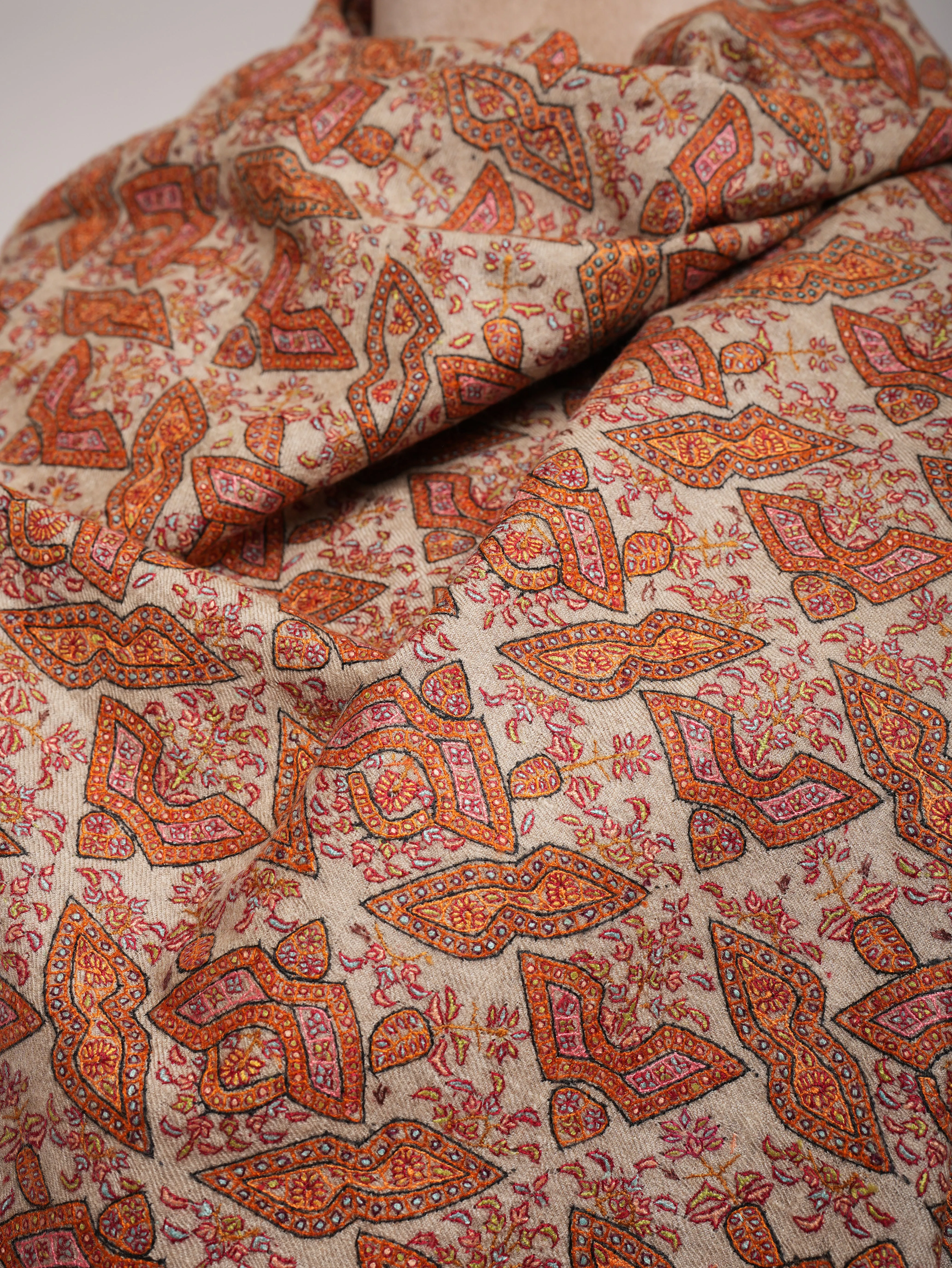 Beige Geometric Butterflies Embroidered Kashmiri Jamavar Shawl