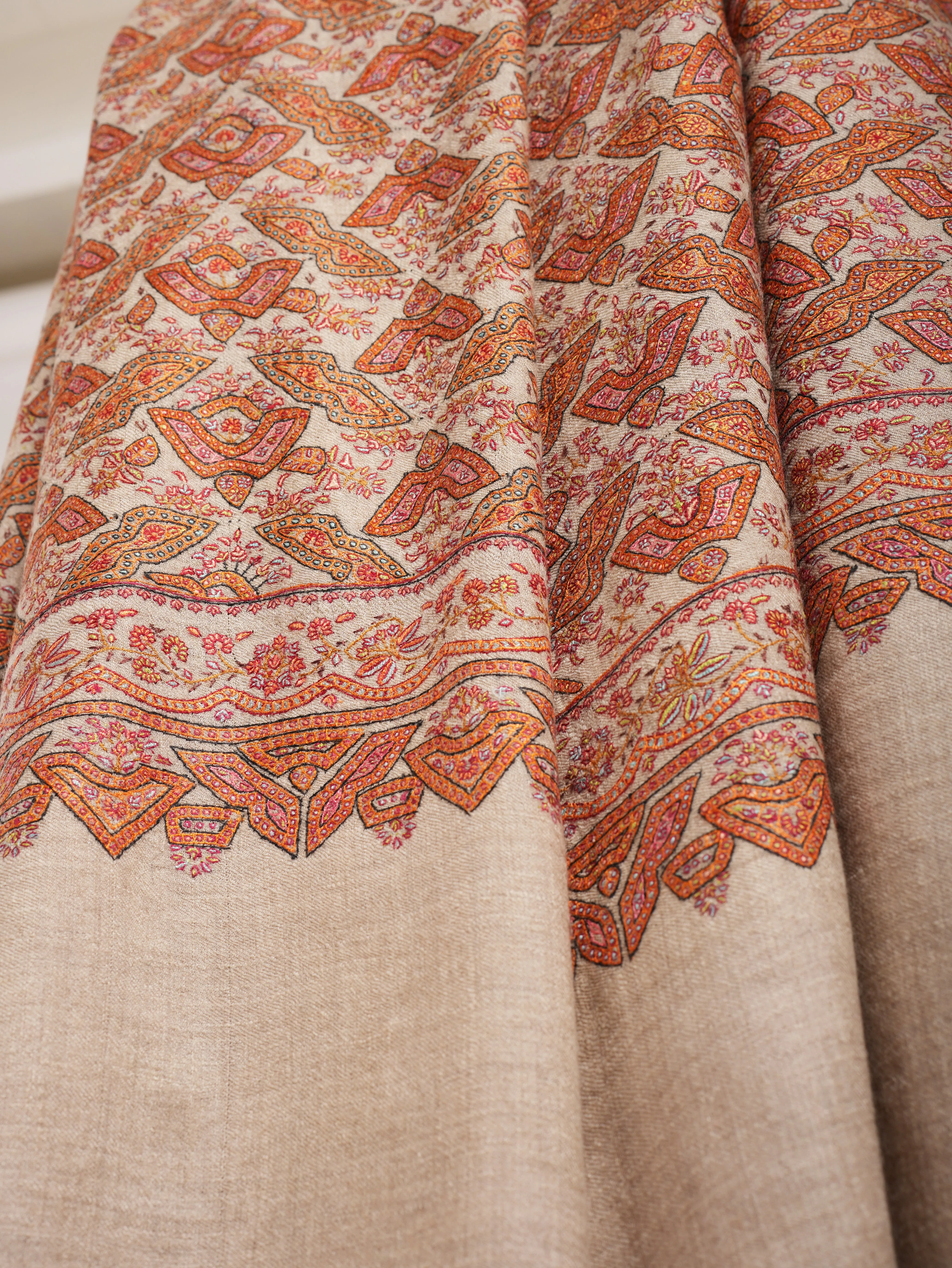 Beige Geometric Butterflies Embroidered Kashmiri Jamavar Shawl