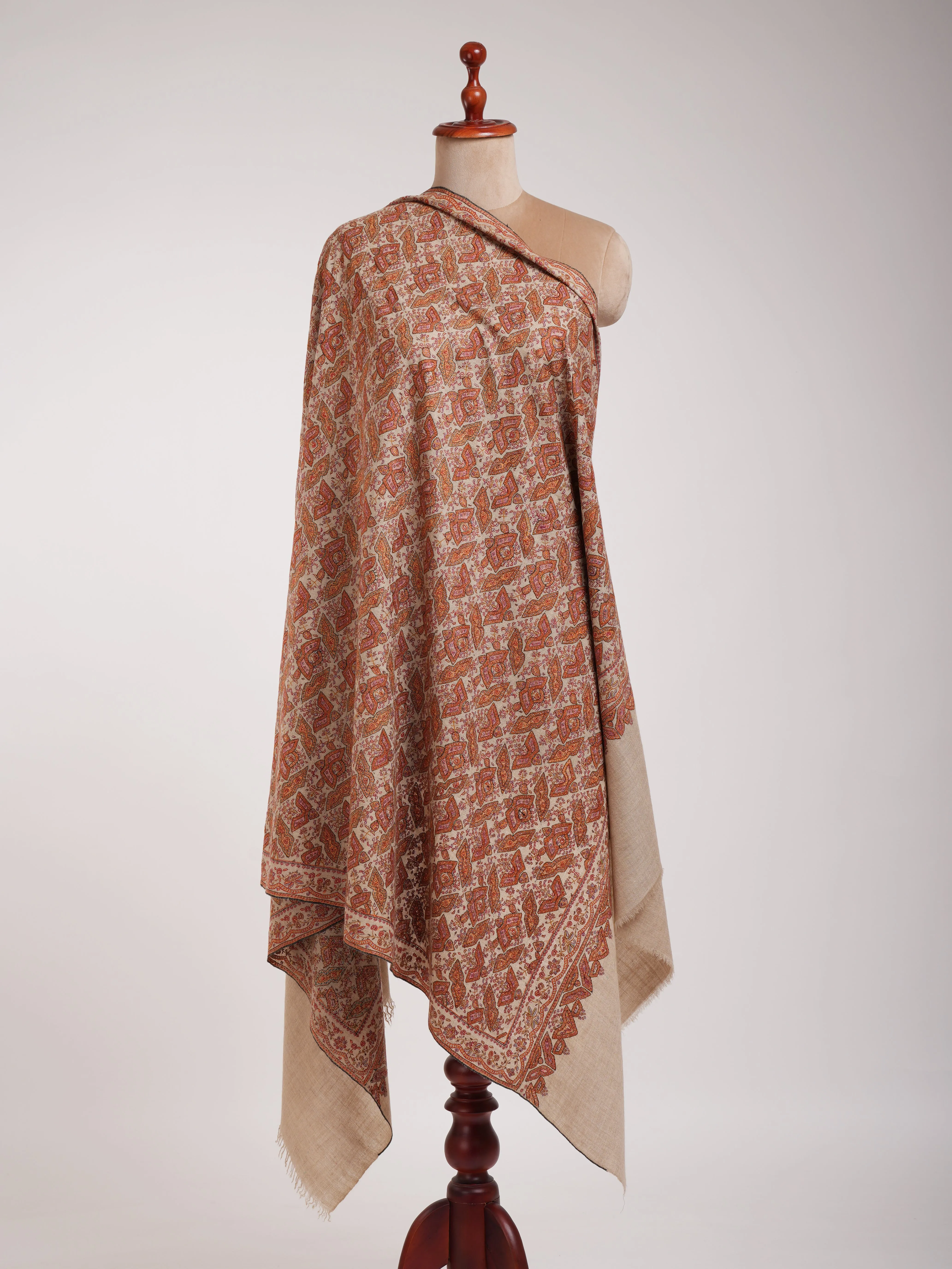 Beige Geometric Butterflies Embroidered Kashmiri Jamavar Shawl