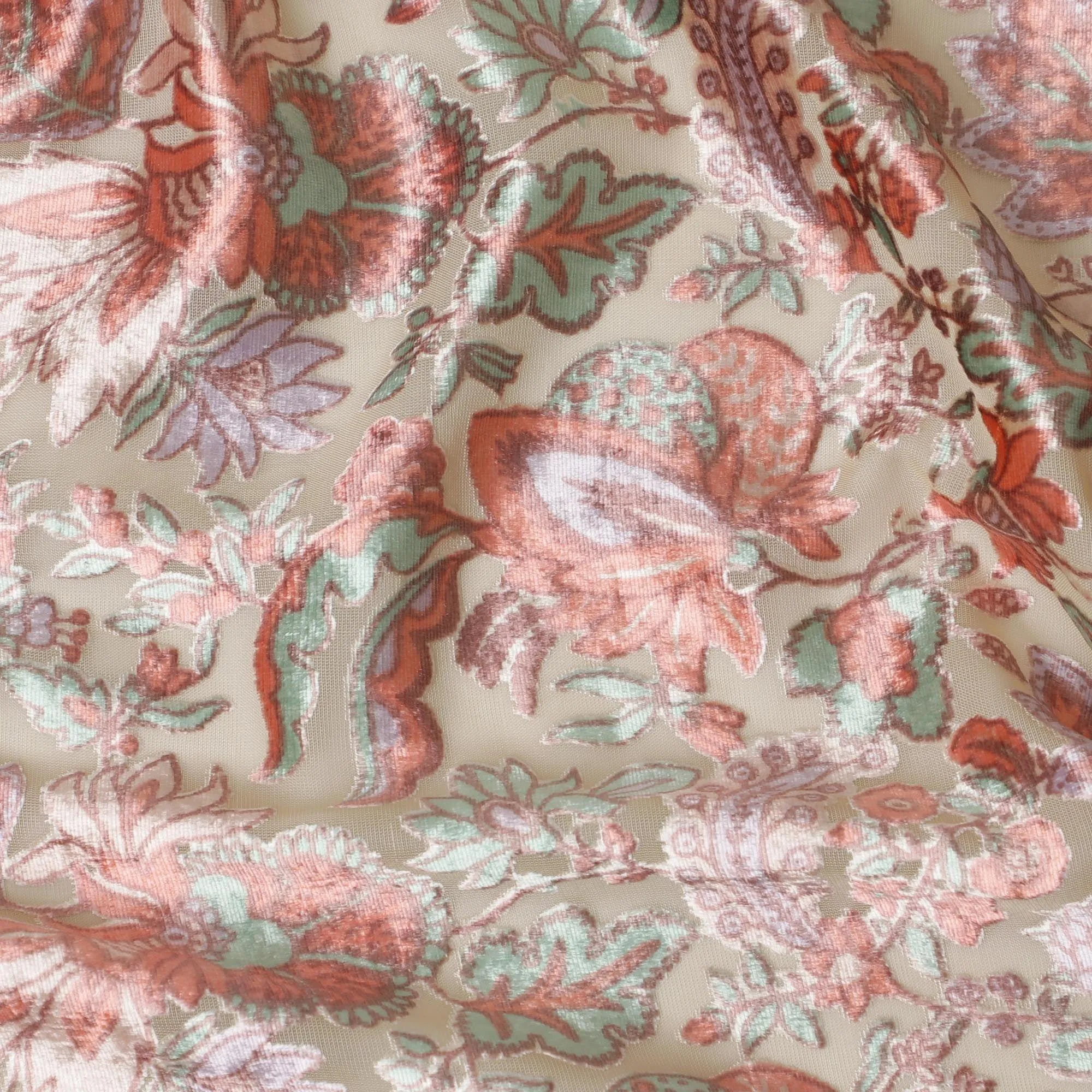 Beige synthetic chiffon fabric with multicolor velvet burnout print in floral design-D14161