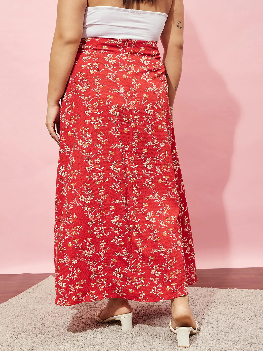 Berrylush Women Plus Size Red & White Floral Printed High-Rise Waist Thigh-High Slit Flared A-Line Maxi Skirt