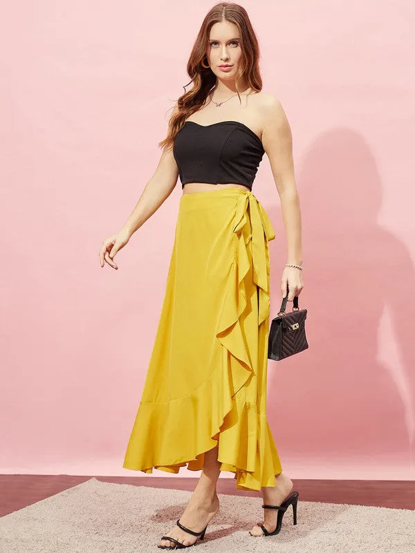 Berrylush Women Solid Yellow High-Rise Tie-Up Waist Asymmetrical Hem Wrap Ruffled Maxi Skirt