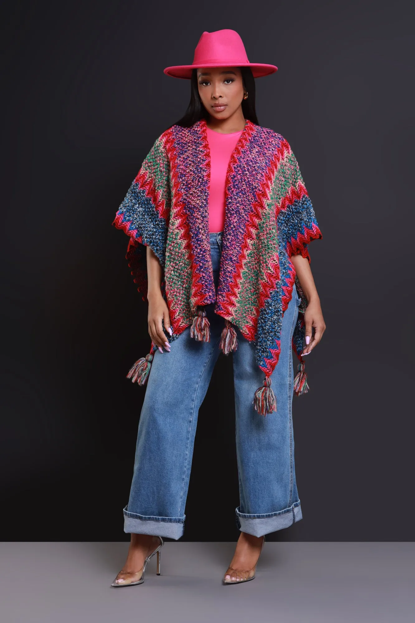 Best In Show Crochet Fringe Poncho - Pink Multicolor