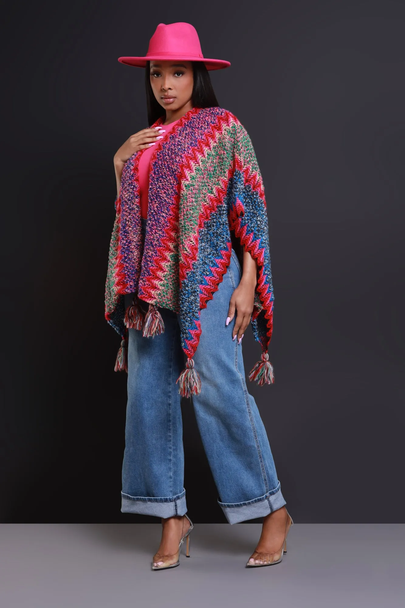 Best In Show Crochet Fringe Poncho - Pink Multicolor