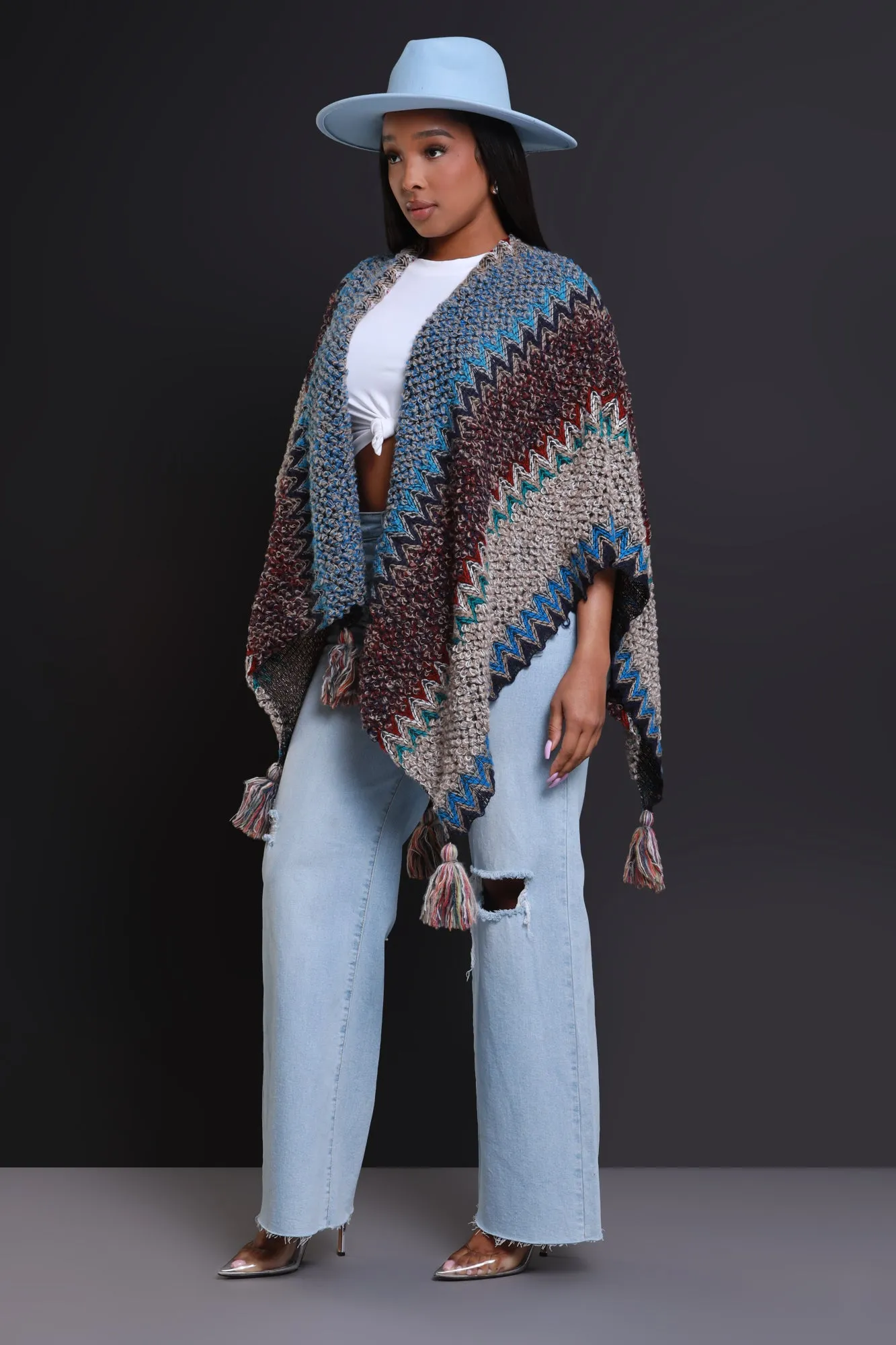 Best In Show Crochet Fringe Poncho - Taupe Multicolor