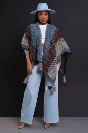 Best In Show Crochet Fringe Poncho - Taupe Multicolor