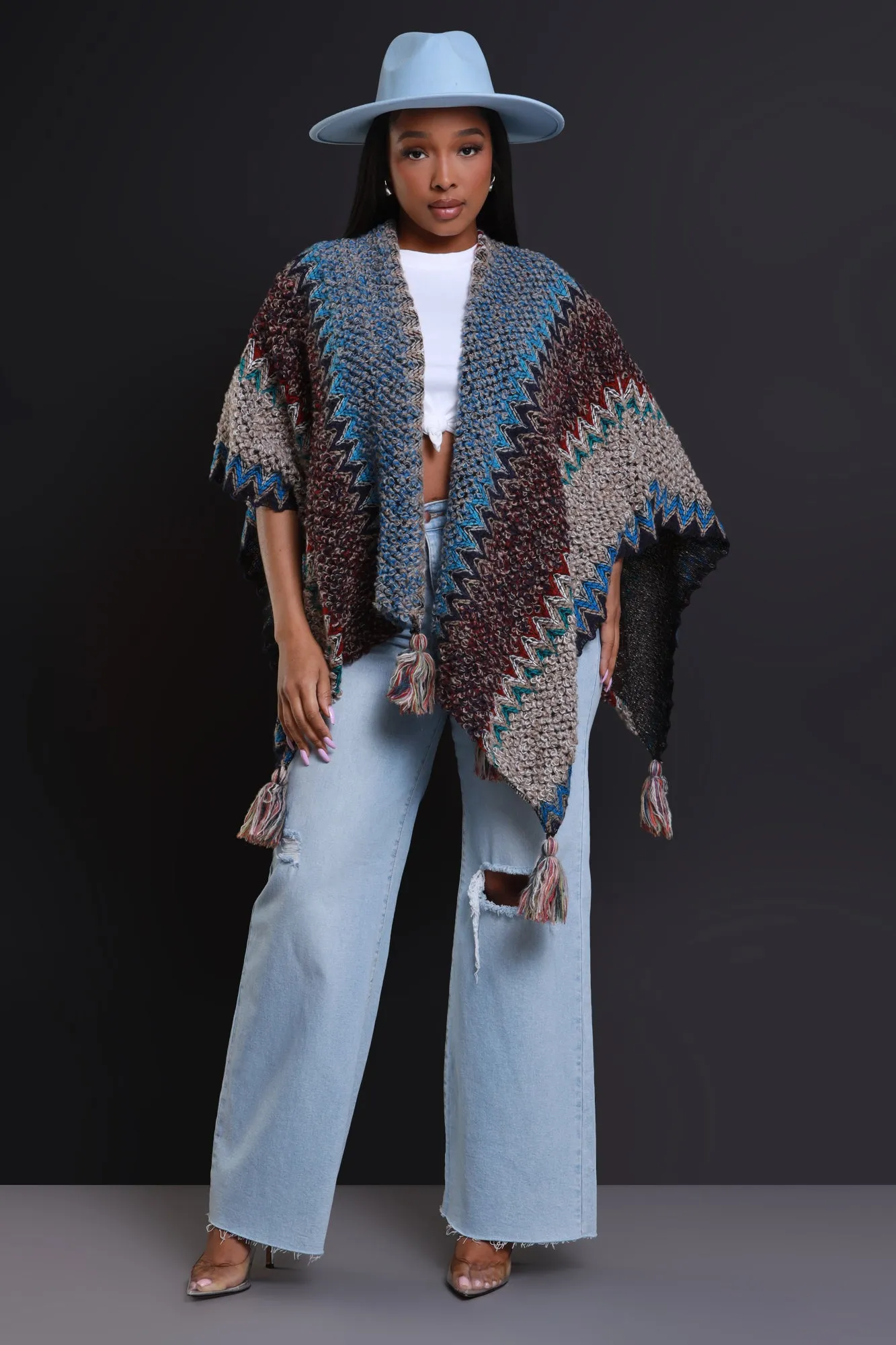 Best In Show Crochet Fringe Poncho - Taupe Multicolor