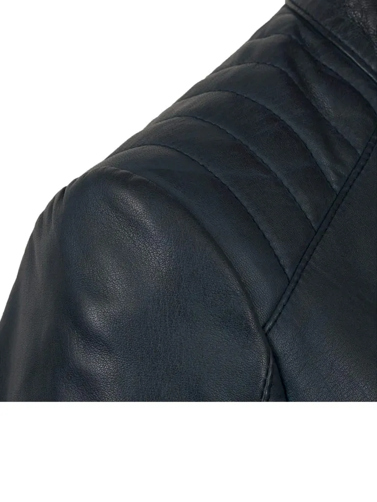 Biker Short Rounded Black Leather Jacket