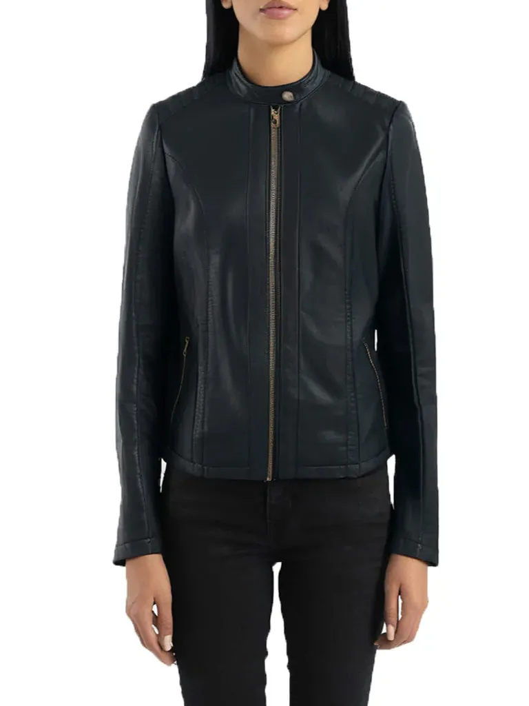 Biker Short Rounded Black Leather Jacket