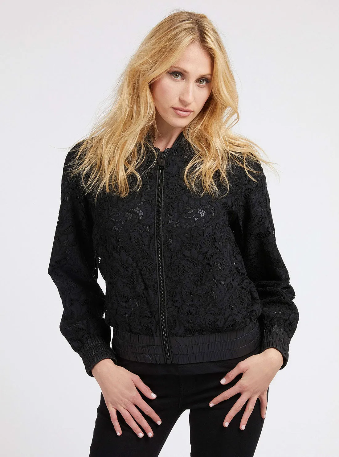 Black Aisha Lace Bomber Jacket