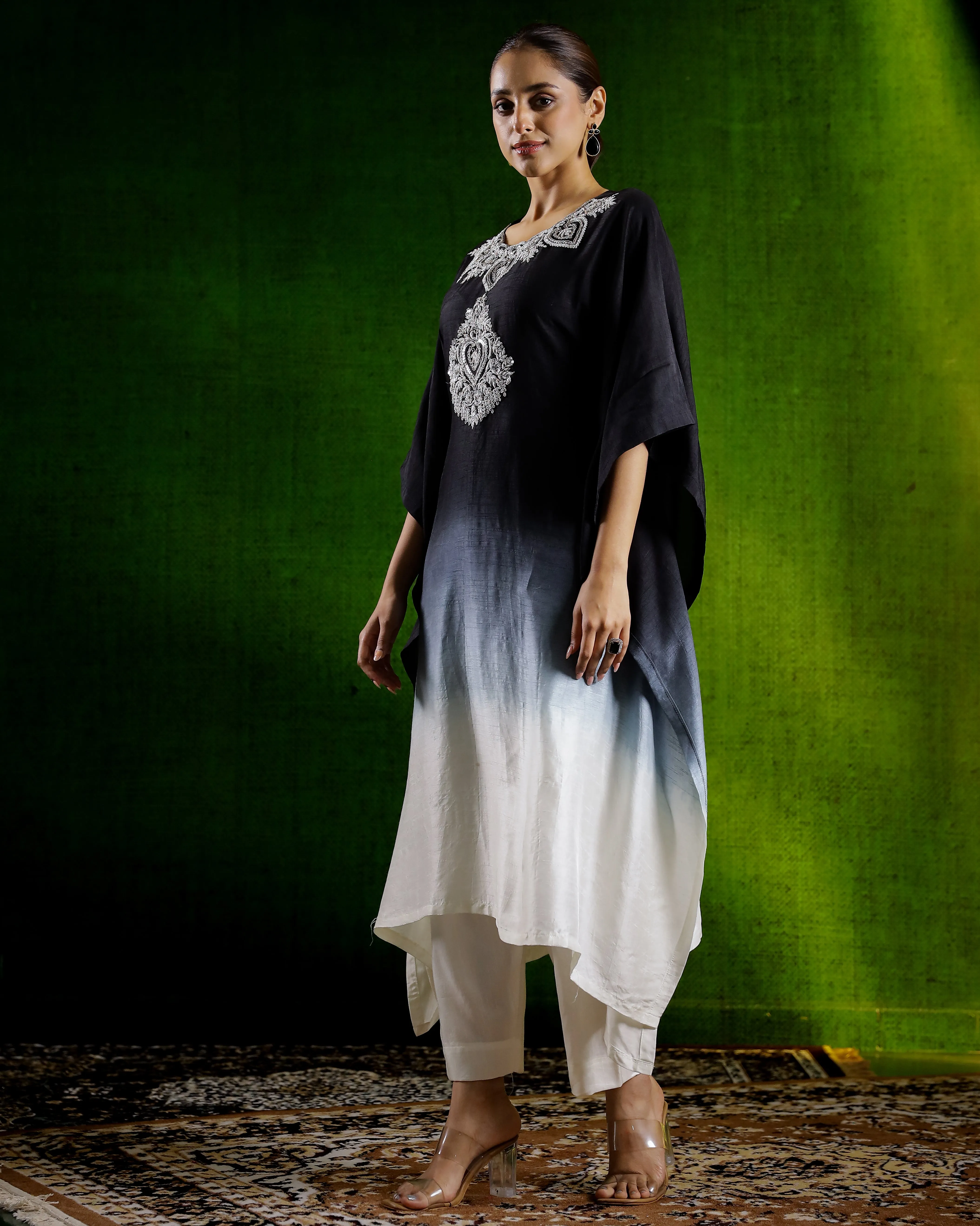 Black Embellished Raw Silk Kaftan Set